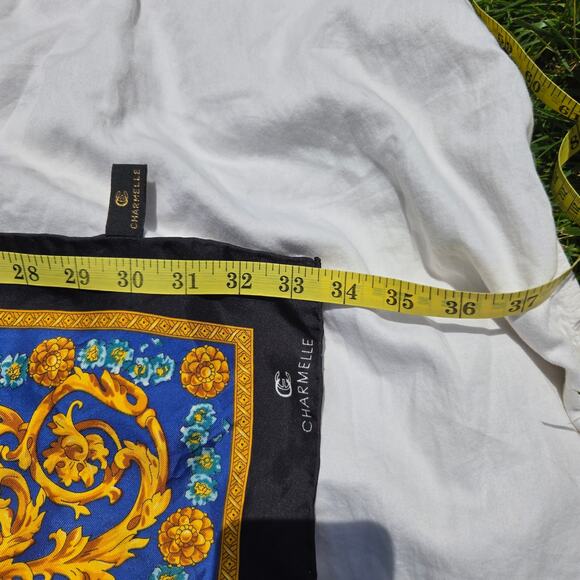 Vintage Charmelle Queen Bee Silk Scarf Rolled Hem Blue Gold Black - Picture 11 of 12
